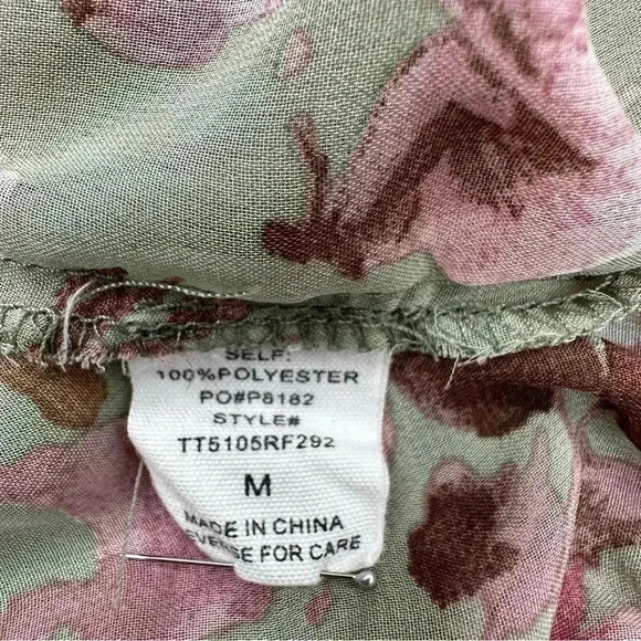 Timing Sheer Olive Green Floral Tie Front Blouse 3/4 Sleeves Lace Accent Size M - Picture 4 of 8